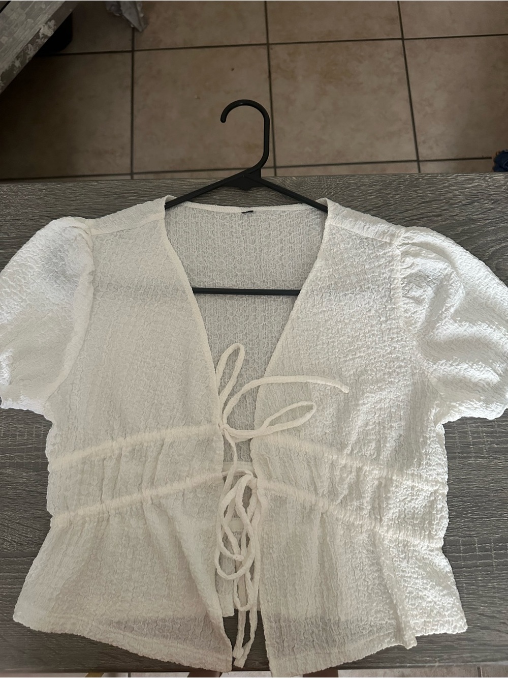 White Textured Tie-Front Women's Blouse